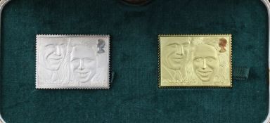 A cased 1973 Royal Wedding commemorative stamp replica ingot set, comprising 22ct gold ingot and