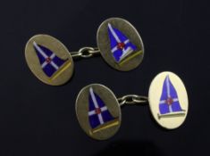 A pair of 1930`s 18ct gold and enamel oval cufflinks, each link enamelled with a British naval