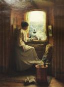 Arthur Wasse (1854-1930)oil on canvas,Interior with lady feeding doves on a window sill,signed,45