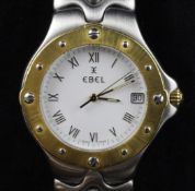A gentleman`s stainless steel Ebel Sportwave quartz wrist watch, with gold bezel and white Roman