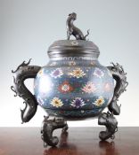 A large Chinese or Japanese bronze and champleve enamel censer and cover, 19th century, the globular