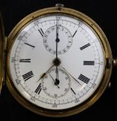 A late Victorian 18ct gold and enamel hunter keyless lever chronograph pocket watch, with Roman
