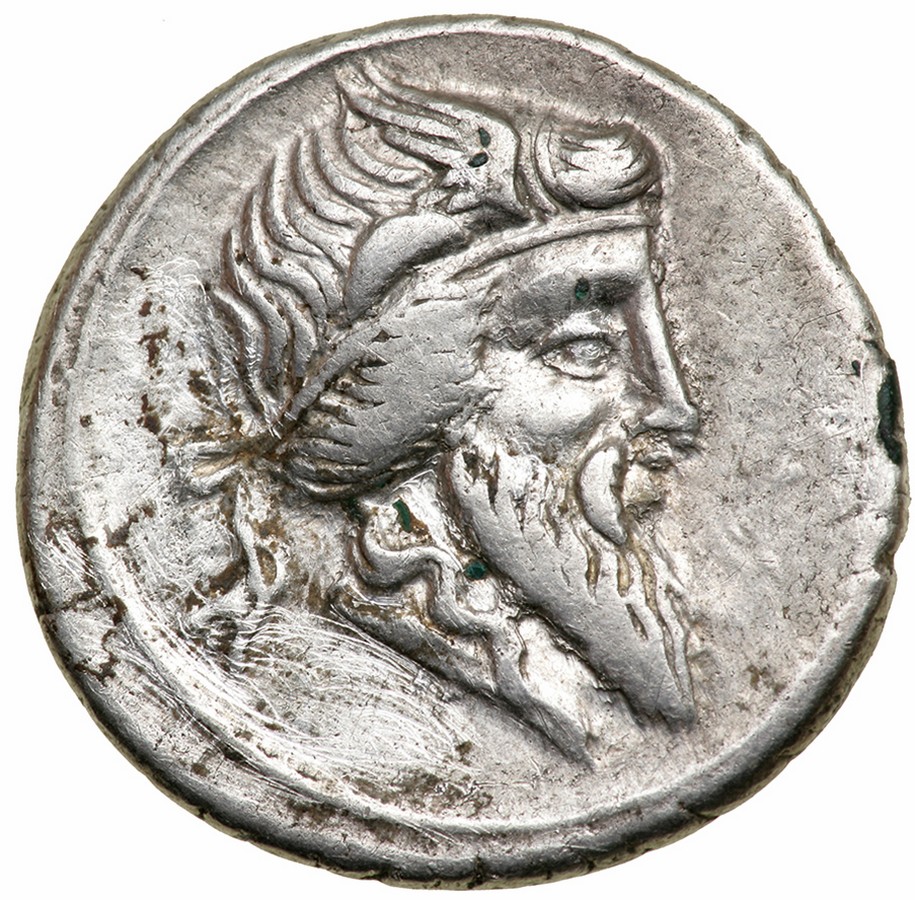 Q. Titius. Silver Denarius (3.8 g), 90 BC. Rome. Head of Mutinus Titinus right, wearing winged