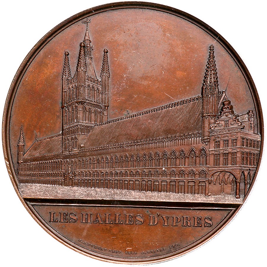 Belgium. Medal, 1849. Hoydonck-52. Bronze. 50 mm. By J. Wiener. Les Halles D`Ypres. PCGS graded