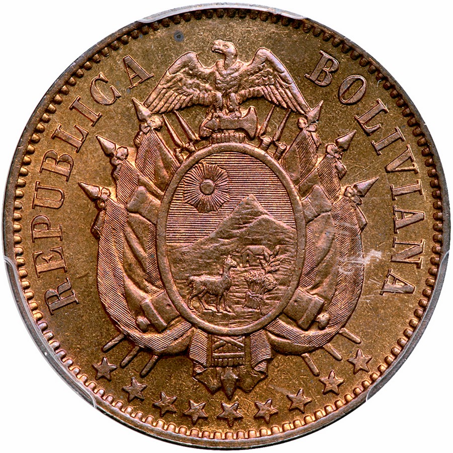 Bolivia. 2 Centavos, 1883-A. KM-168. One year type. PCGS graded MS-64 Red & Brown.  Estimated Value