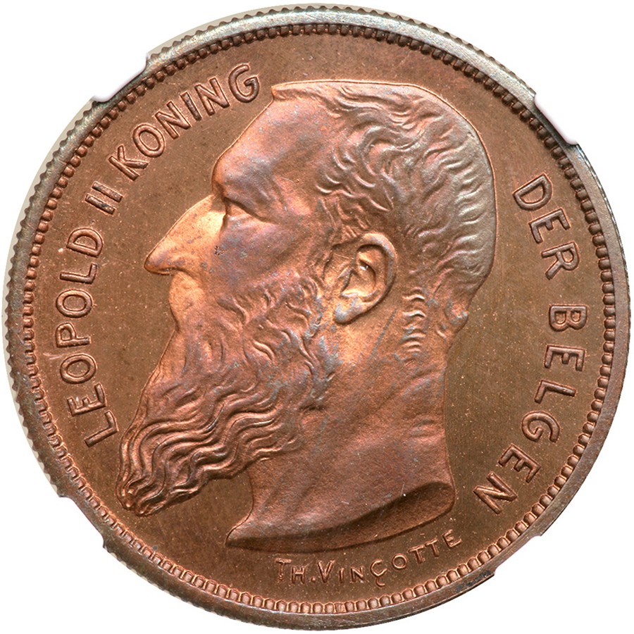 Belgium. Pattern 2 Francs, 1904. Dupriez-1496 var. Bronze. Reeded edge. Leopold II. NGC graded