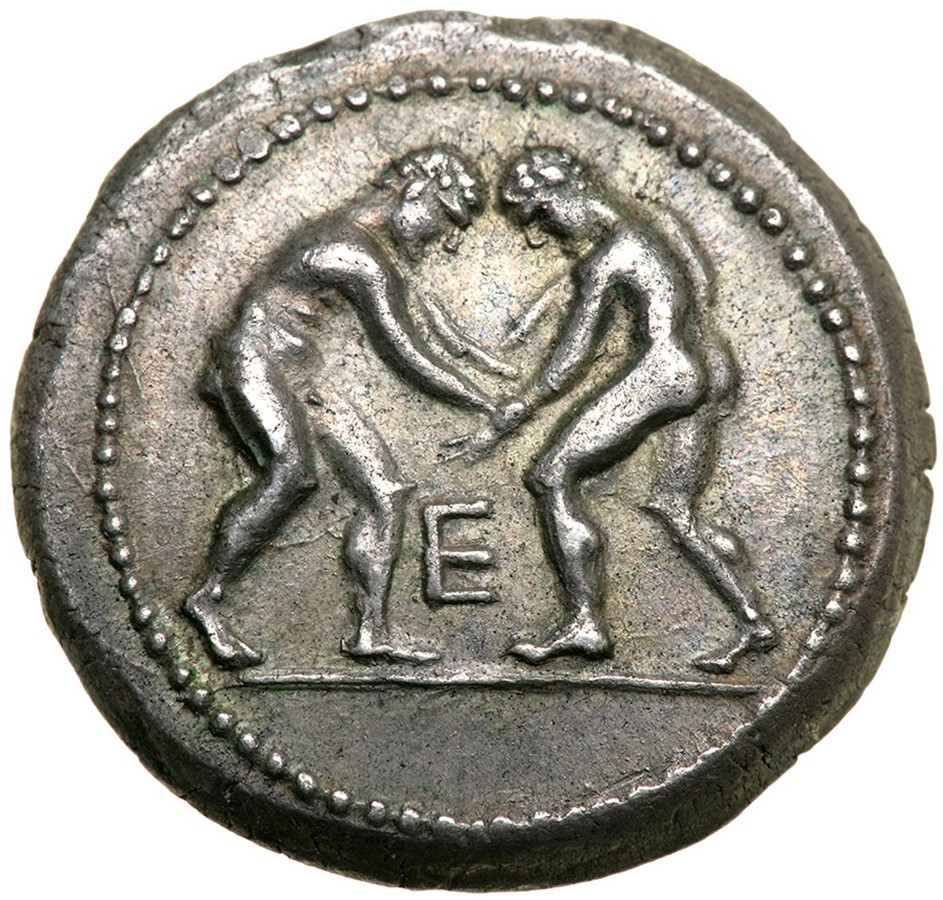 Pamphylia, Aspendos. Silver Stater, ca. 330/25-300/250 BC. Two nude wrestlers grappling; between,