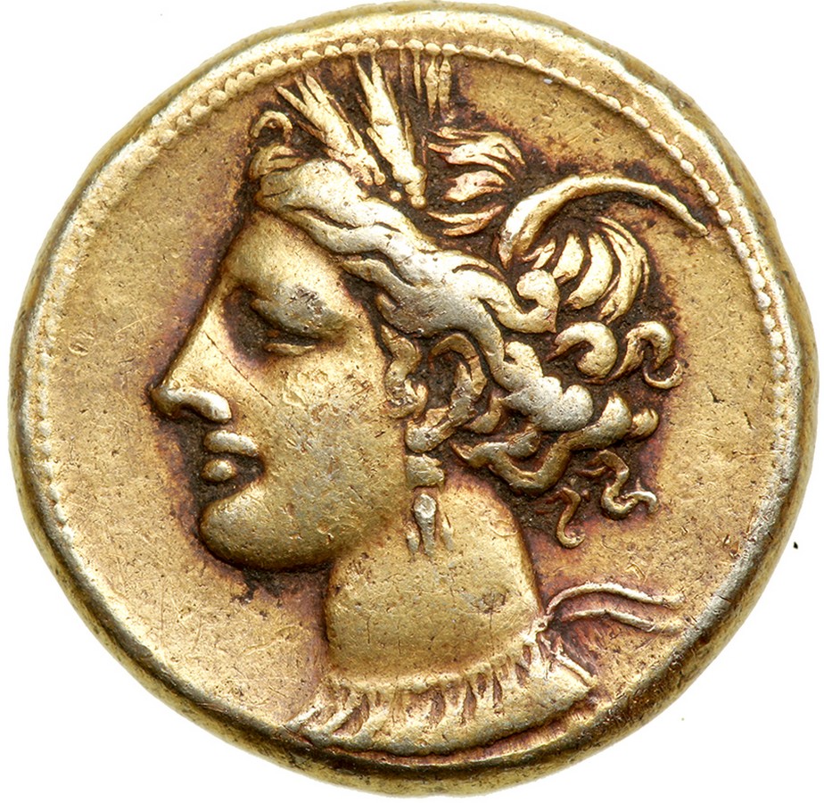 Zeugitania, Carthage. Electrum Stater (7.4 g), ca. 290-270 BC. Wreathed head of Tanit left, wearing