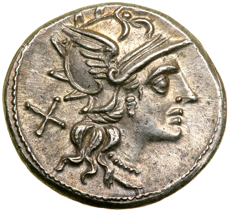 Anonymous. Silver Denarius (4.09 g), 143 BC. Rome. Head of Roma right, wearing winged helmet