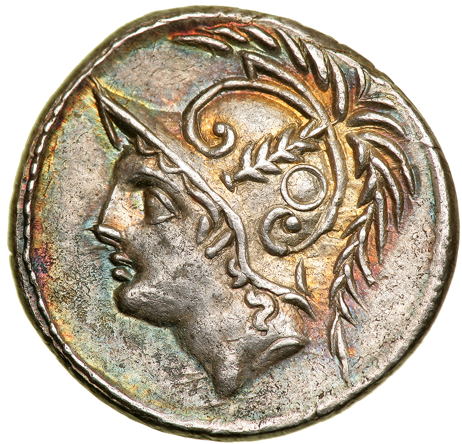 Q. Thermus M.f. Silver Denarius (3.91 g), 103 BC. Rome. Head of Mars left, wearing crested helmet