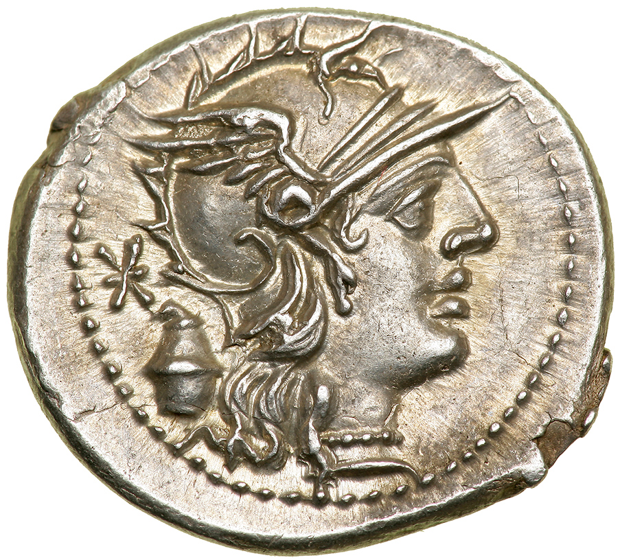 C. Cassius. Silver Denarius (3.98 g), 126 BC. Rome. Head of Roma right, wearing winged helmet