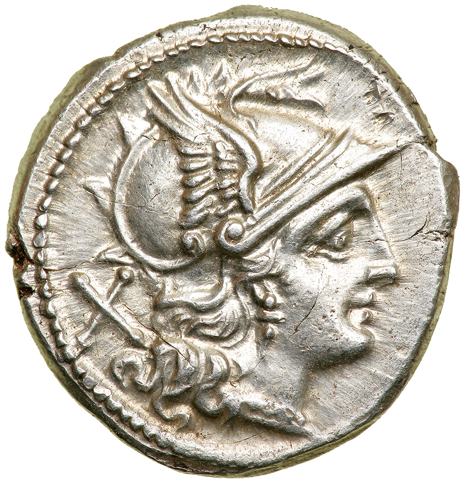 Anonymous. Silver Denarius (4.36 g), 207 BC. Rome. Head of Roma right, wearing winged helmet