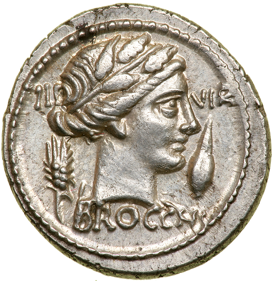 L. Furius Cn.f. Brocchus. Silver Denarius (4.0g), 64 BC. Rome. III VIR across field, BROCCHI below,