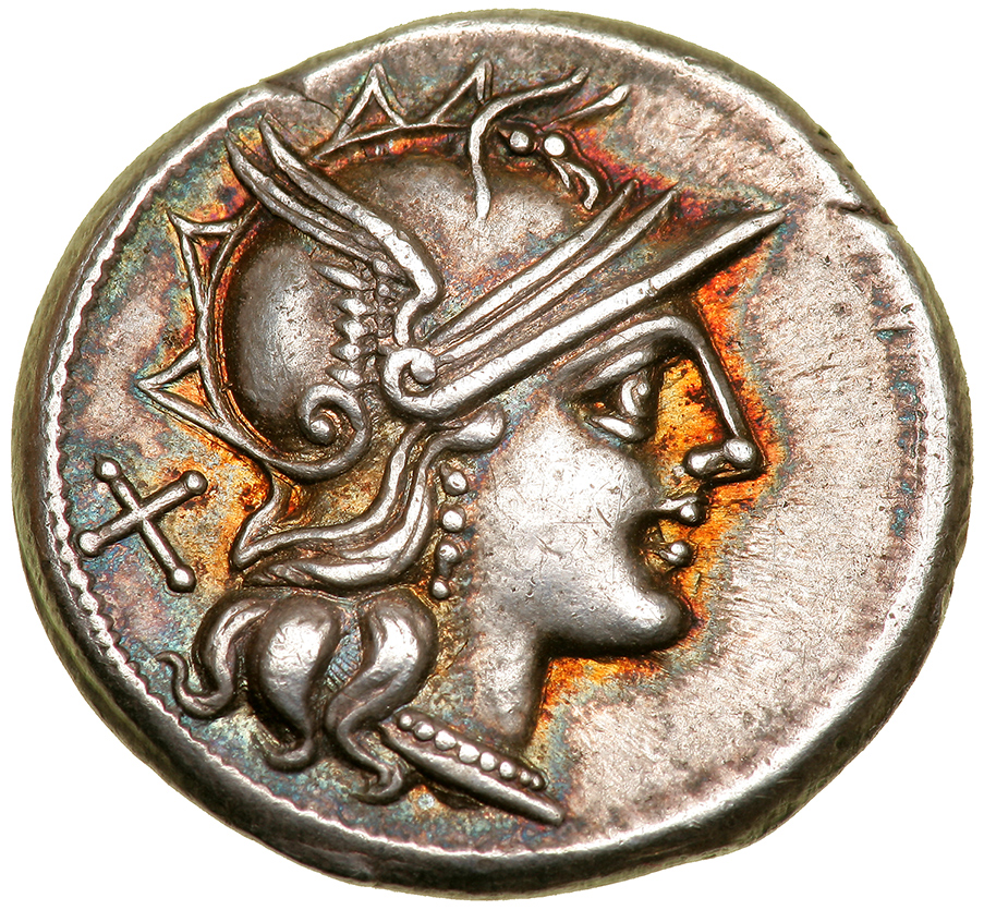 C. Scribonius. Silver Denarius (3.89 g), 154 BC. Rome. Head of Roma right, wearing winged helmet