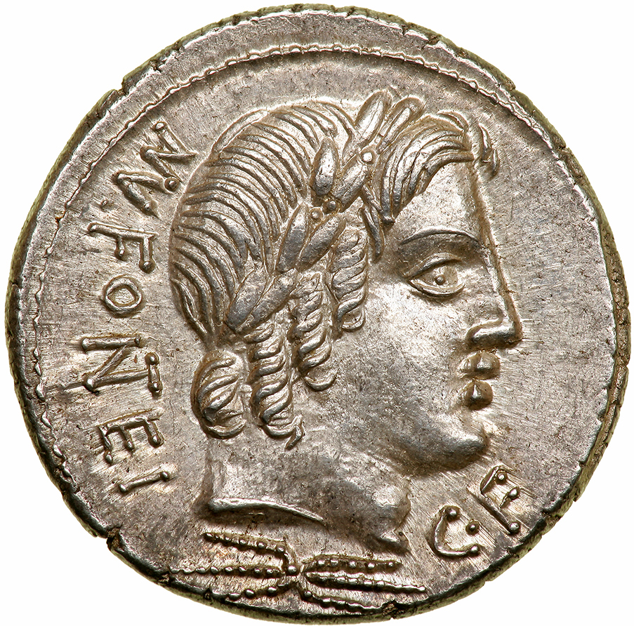 Mn. Fonteius C.f. Silver Denarius (4.20 g), 85 BC. Rome. (MN) FO(NT)EI behind, C F below chin,