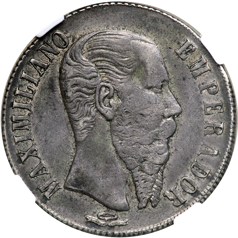 Mexico. Peso, 1866-PI. Eliz-170; KM-388.2. Maximilian, Emperor, 1864-1867. Deeply toned. NGC graded