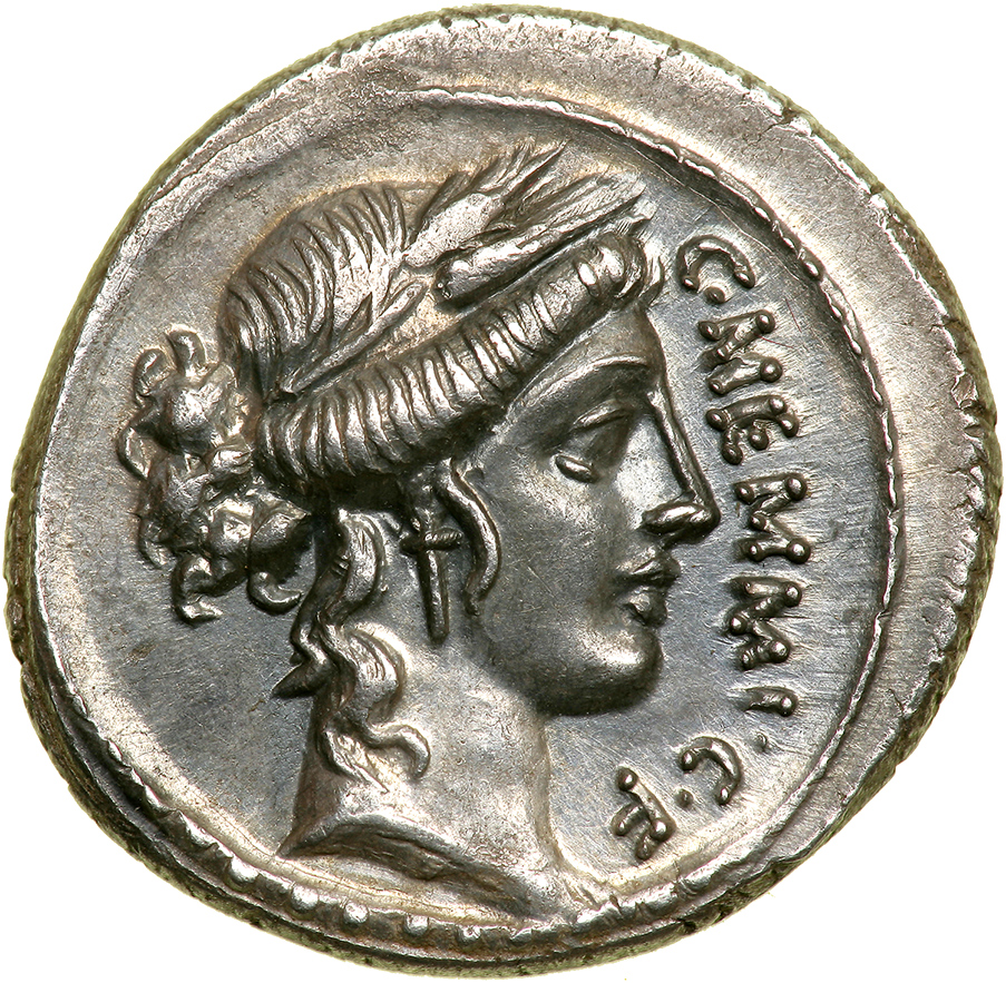 C. Memmius C.f. Silver Denarius (3.88 g), 56 BC. Rome. C MEMMI C F, head of Ceres right, wreathed