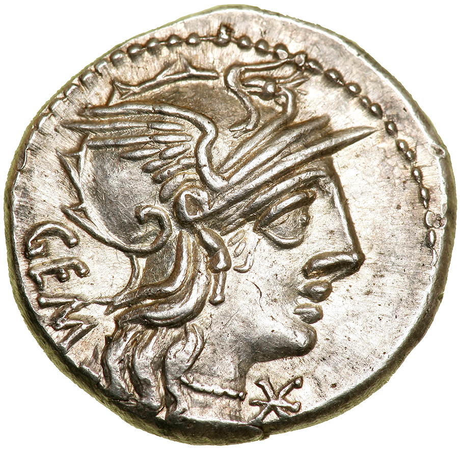 M. Aburius M.f. Geminus. Silver Denarius (3.9 g), 132 BC. Rome. GEM behind, head of Roma right,