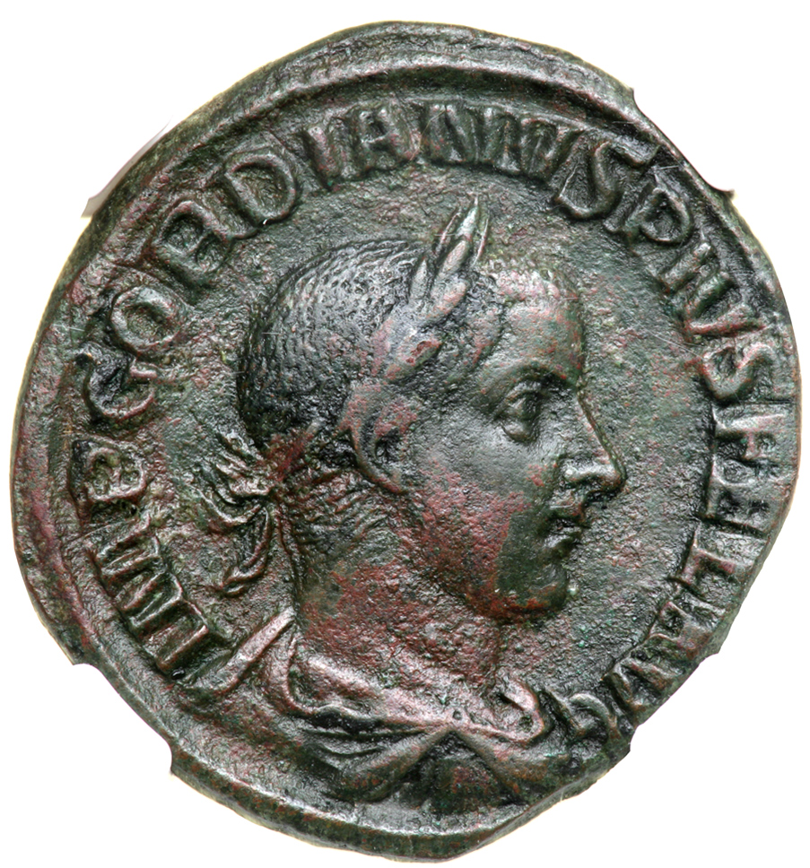 Gordian III.  Sestertius (21.86 g), AD 238-244. Rome, AD 242. IMP GORDIANVS PIVS FEL AVG, laureate,