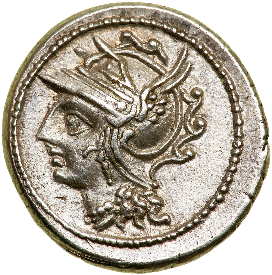 C. Coelius Caldus. Silver Denarius (3.91 g), 104 BC. Rome. Head of Roma left, wearing winged helmet