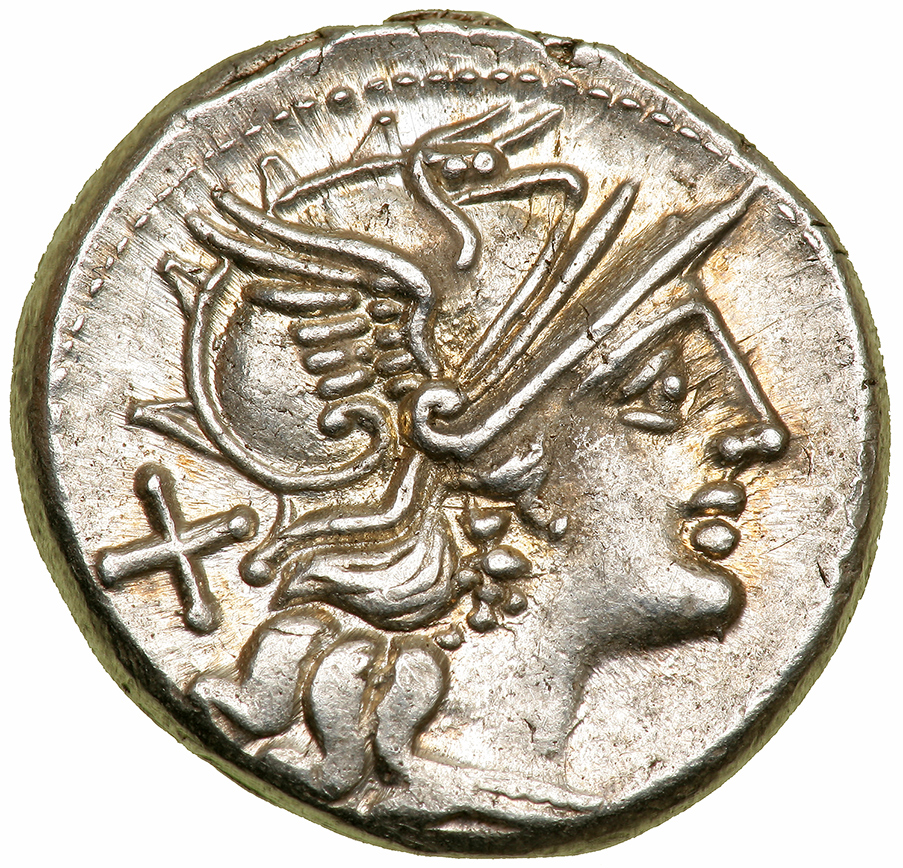 Spurius Afranius. Silver Denarius (3.79 g), 150 BC. Rome. Head of Roma right, wearing winged helmet