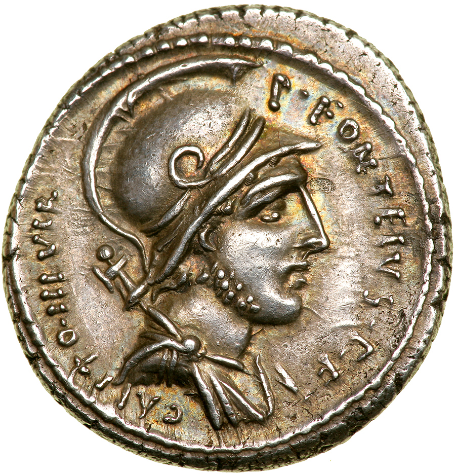 P. Fonteius P. f. Capito. Silver Denarius (3.96 g), 55 BC. Rome. P FONTEIUS P F CAPITO III VIR,