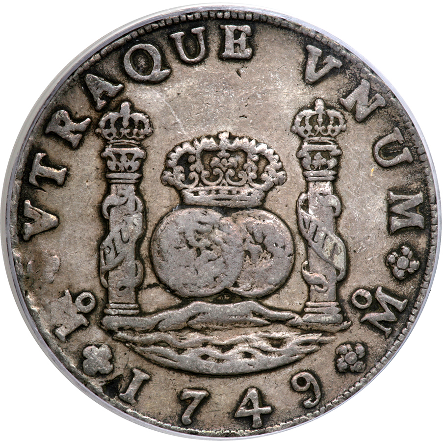 Mexico. 8 Reales, 1749-Mo MF. Eliz-29; KM-104.1. Ferdinand VI. Pillar type. Toned. PCGS graded VF-