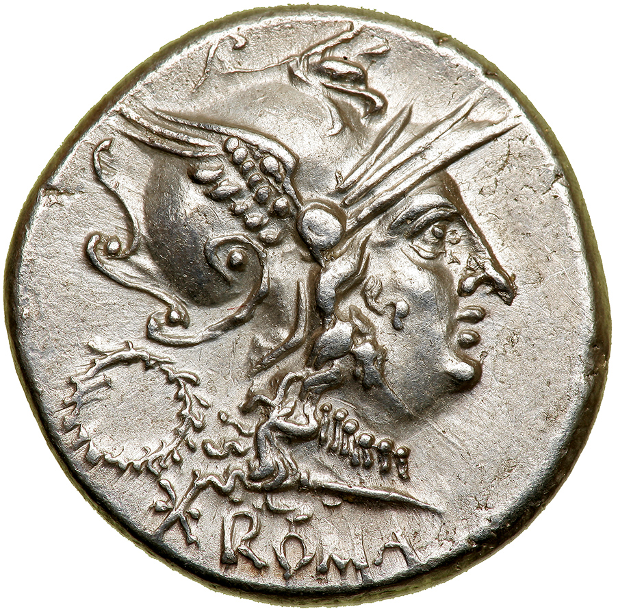 C. Serveilius M.f. Silver Denarius (3.9 g), 136 BC. Rome. ROMA below, head of Roma right, wearing