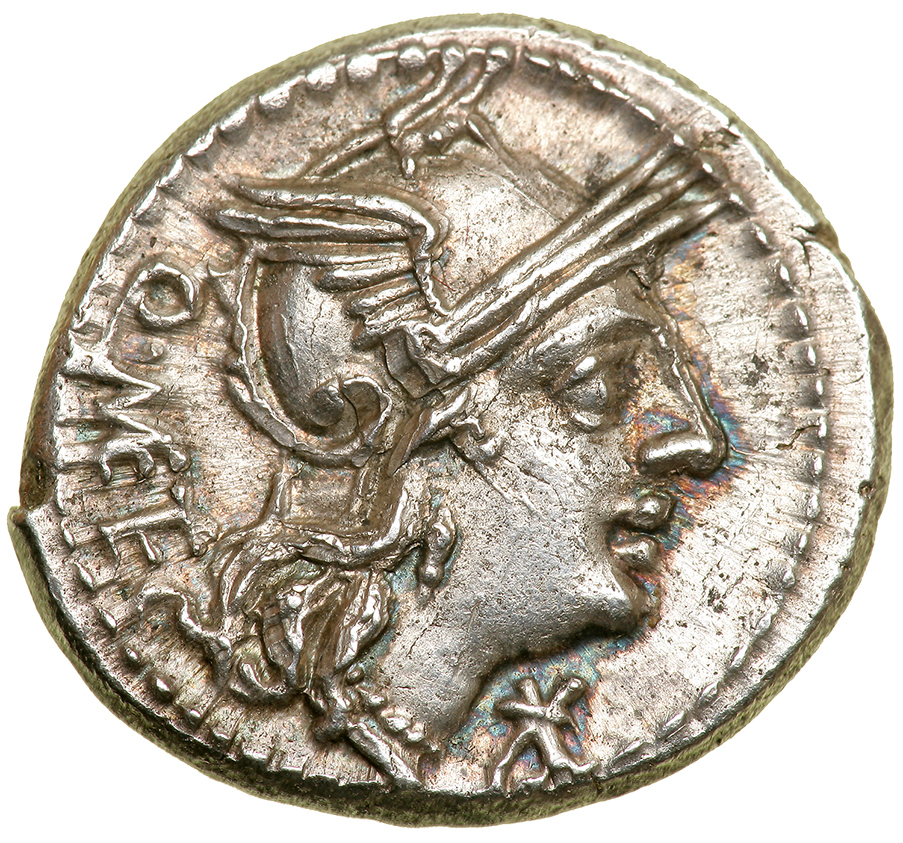 Q. Caecilius Metellus. Silver Denarius (3.89 g), 130 BC. Rome. Q (ME)(TEL) behind, head of Roma