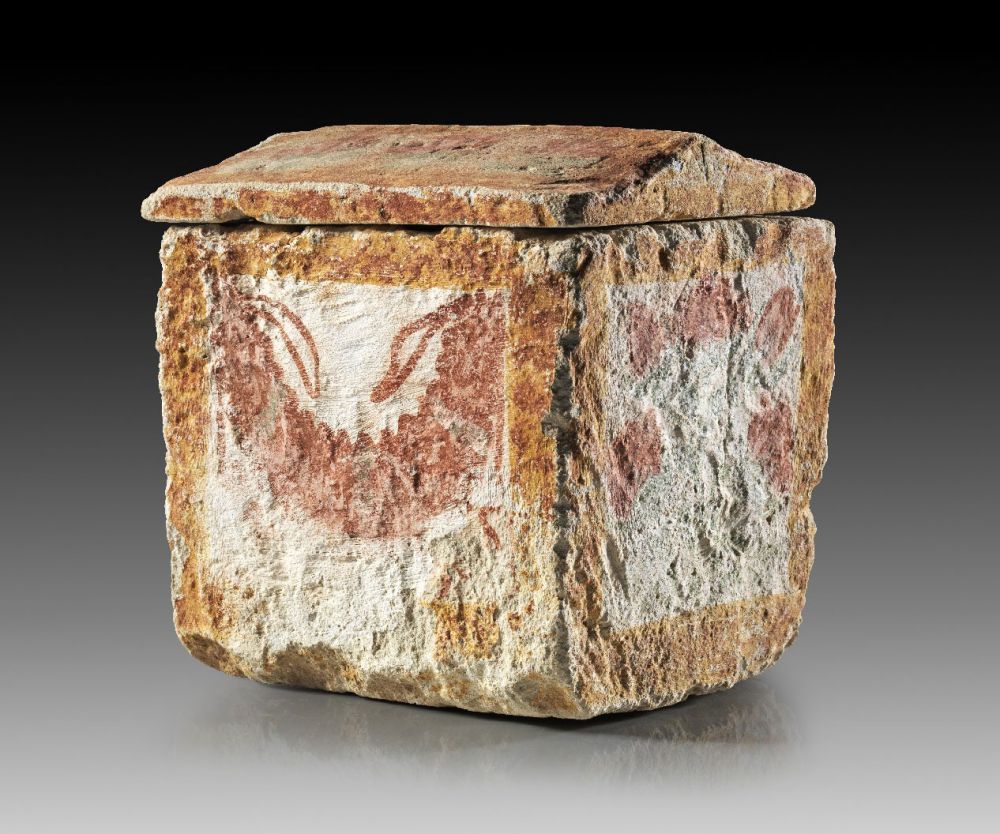 A Roman Limestone ossuary with exceptionally well preserved painting. 1st century A.D. Partially