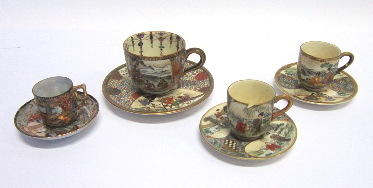 THREE JAPANESE SATSUMA TEA CUPS & SAUCERS and another, (4).