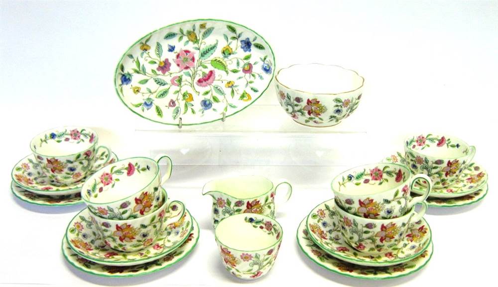 A MINTON `HADDON HALL` PATTERN BONE CHINA PART TEA SERVICE decorated with a floral design,