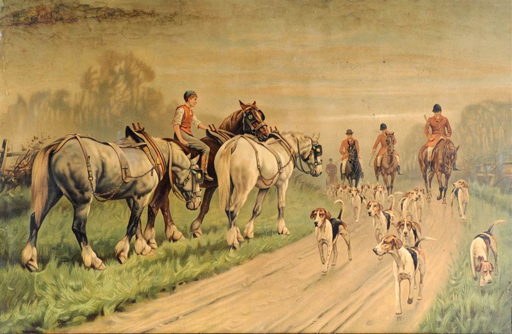 THE HUNT RETURNING HOME, PASSING A TEAM OF HEAVY HORSES  Chromolithograph, 41x63cm