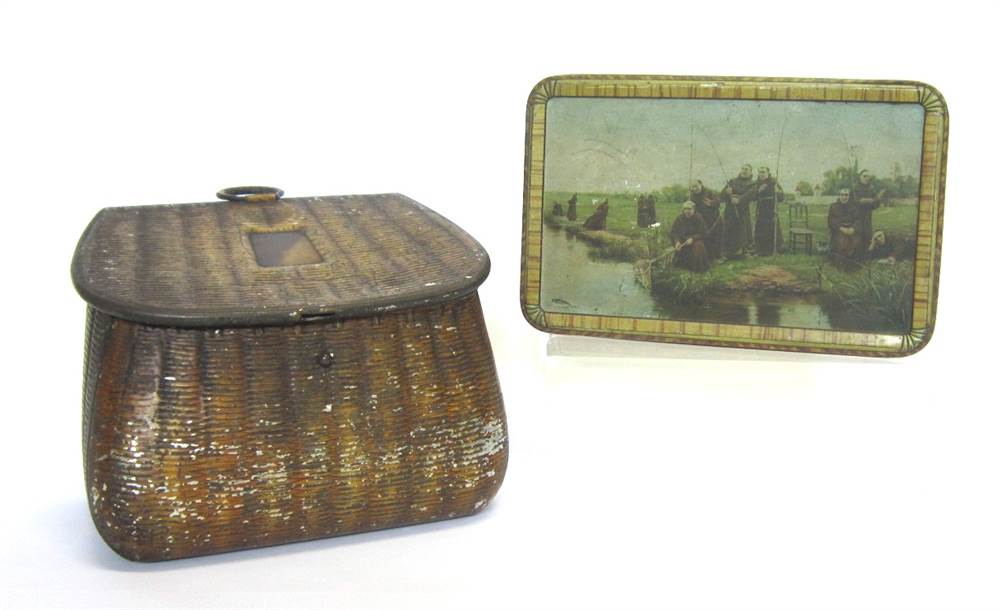 A HUNTLEY & PALMER OF READING BISCUIT TIN in the form of a fishing creel (hinges damaged, wear);