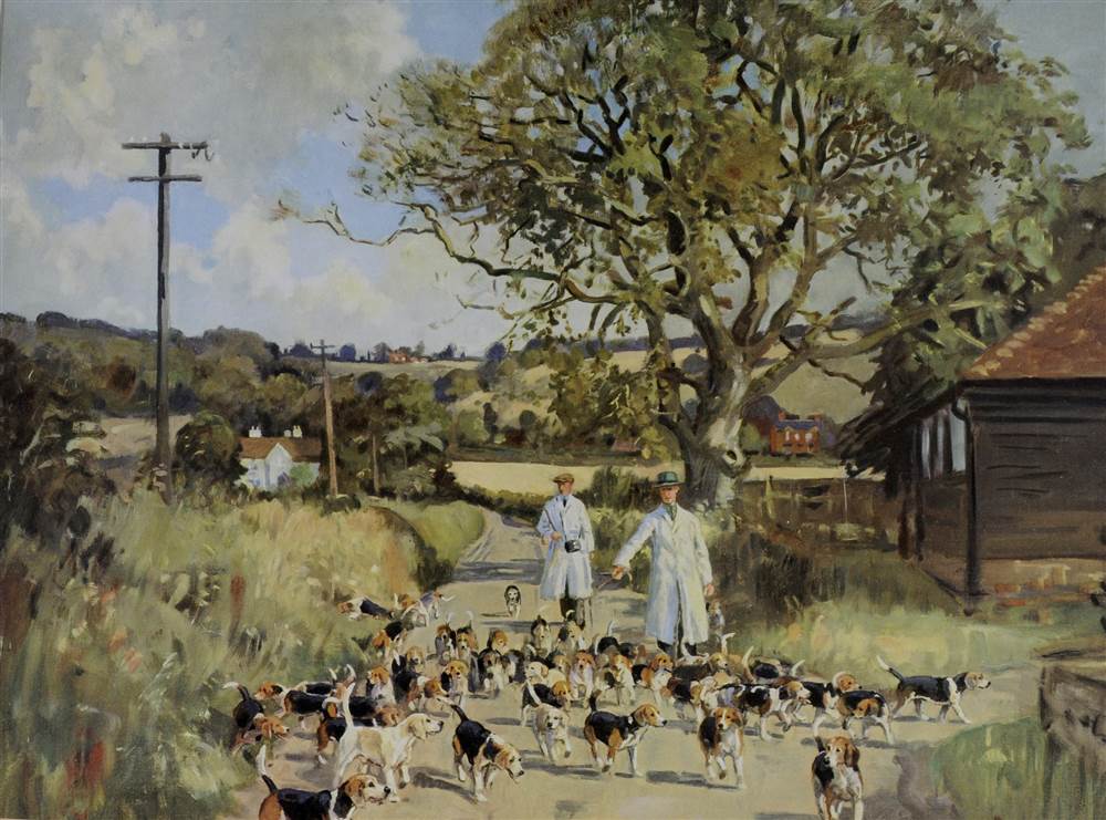 AFTER PETER BIEGEL The Bolebroke Beagles at exercise, Kemsing, Kent, colour print, 28.5cm x 36cm.