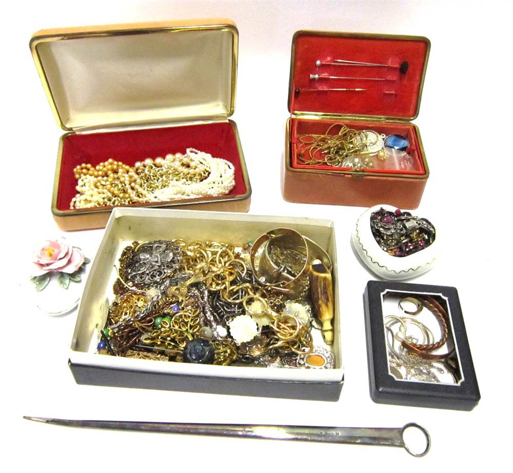 A QUANTITY OF ASSORTED COSTUME JEWELLERY And an electroplated meat skewer