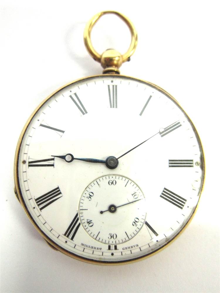 M. ILLERET, A 19TH CENTURY OPENFACED POCKETWATCH the white enamel dial with black Roman numerals,