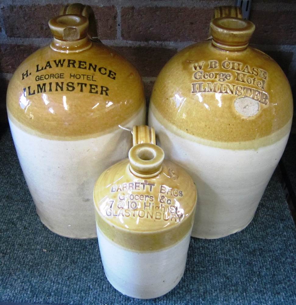 THREE STONEWARE BOTTLES OF SOMERSET INTEREST one impressed `W.B. Chase / George Hotel /