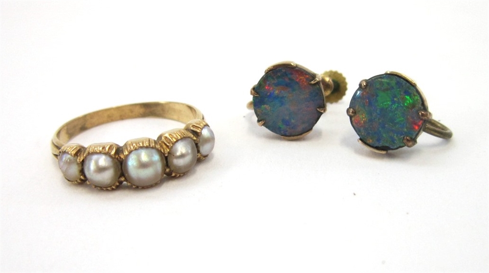 A GRADUATED PEARL SET RING The yellow gold band unmarked; together with a pair of 9ct gold and opal