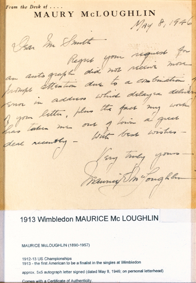 A signed manuscript letter from the American tennis player Maurice McLoughlin dated 8th May 1946,