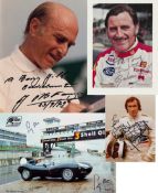 Juan Manuel Fangio, Stirling Moss, Graham Hill & Jackie Stewart signed photographs,
comprising a