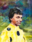J. Withey (contemporary)
PORTRAIT OF STEVE CAUTHEN IN THE COLOURS OF MR LOUIS FREEDMAN
signed, oil