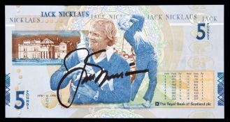 A Royal Bank of Scotland five pounds banknote autographed by Jack Nicklaus,
signed in black marker