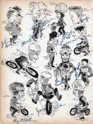 Original 1930s speedway rider-signed cartoons,
a unique sheet with blue ink signatures over the