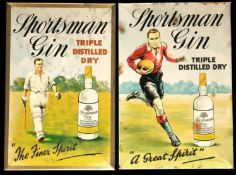 A pair of 1930s Sportsman Gin countertop advertisements featuring a rugby player and a cricketer,