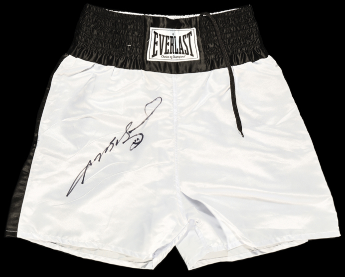 Boxing trunks signed by Sugar Ray Leonard,
white & black by Everlast, signed in black marker pen