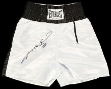 Boxing trunks signed by Sugar Ray Leonard,
white & black by Everlast, signed in black marker pen