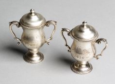 Two silver miniature Ellis Cup trophy presentations,
double-handled cups & covers with gilt