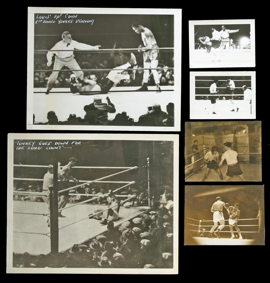 Six vintage boxing photographs,
including a 10 by 8in. of the famous Dempsey v Tunney  'Long