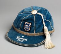 Billy Wright's blue England international cap for the match v Portugal at the Estadio das Antas,